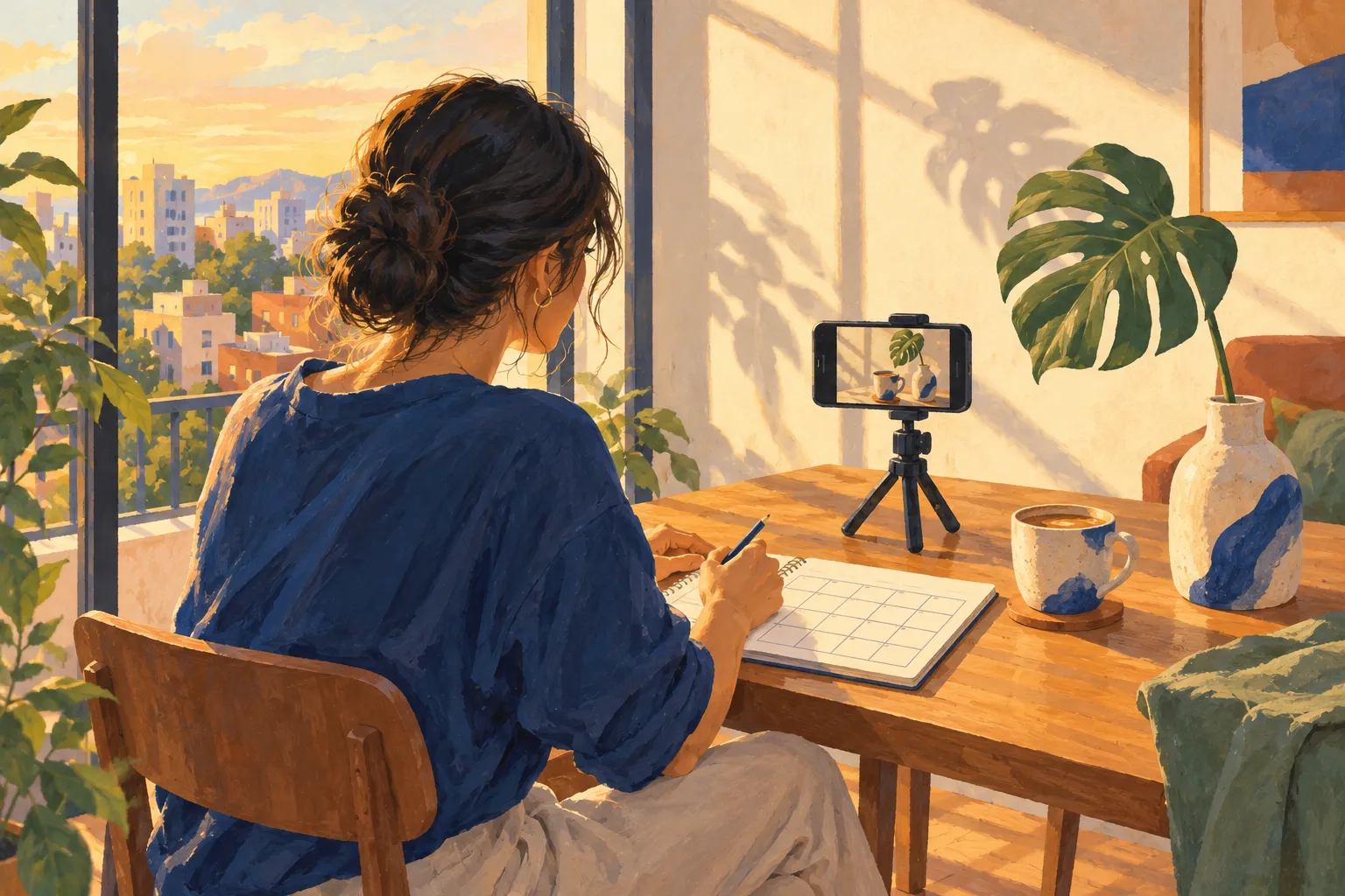 Una creadora planifica su semana junto a la ventana, con el teléfono listo en un trípode.