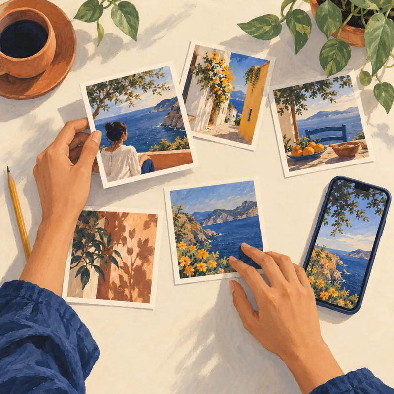 Manos eligiendo fotos impresas junto al teléfono.