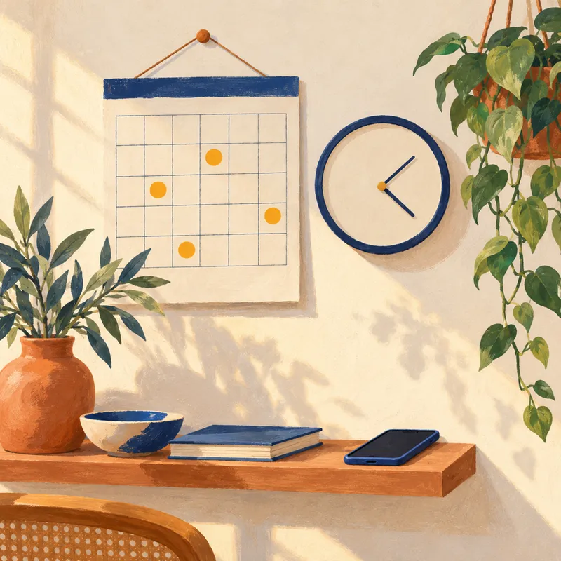 Un calendario de pared con días marcados y un reloj.